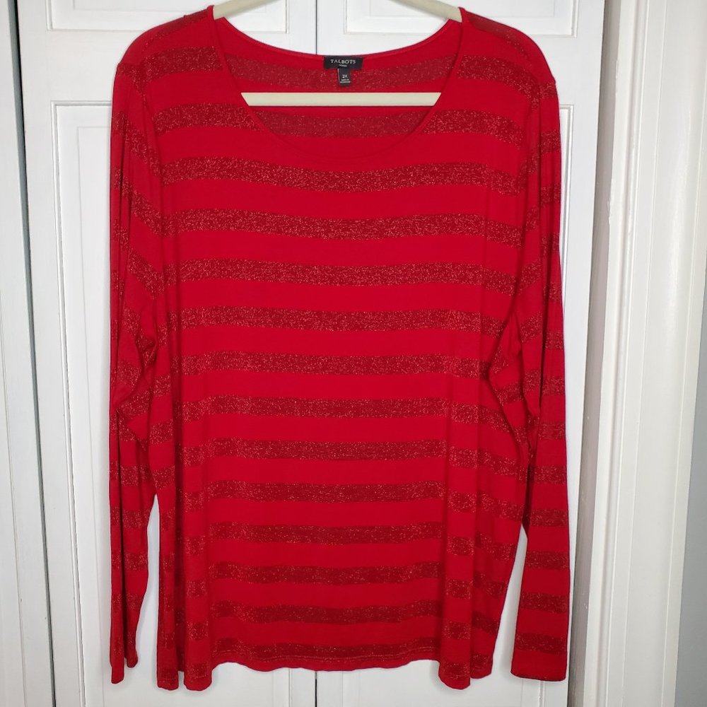Talbots 2X Plus Size red Striped Long Sleeve T-Shirt Top Rounded Neckline
